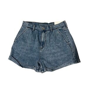 American Eagle Mom Shorts High Rise Acid Wash Blue Denim Pleated Cuffed Womens 6